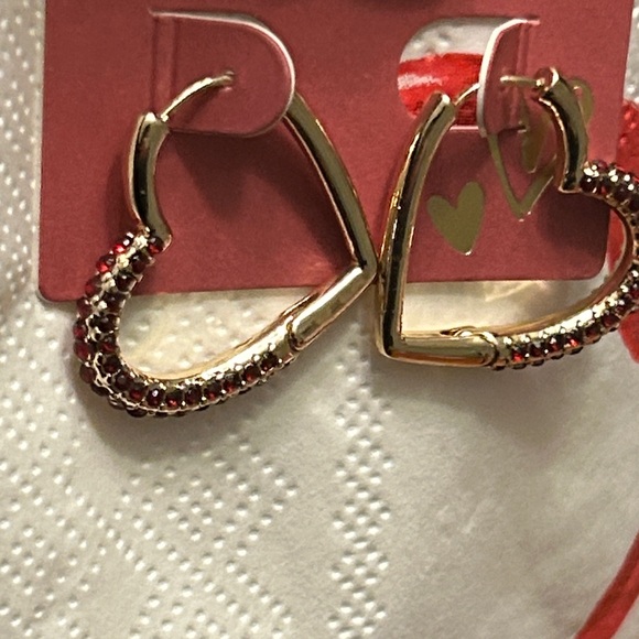 Gold Heart Hoop Rhinestone Earrings and Heart Stamp Bracelet Gold Tone NEW - Picture 2 of 12